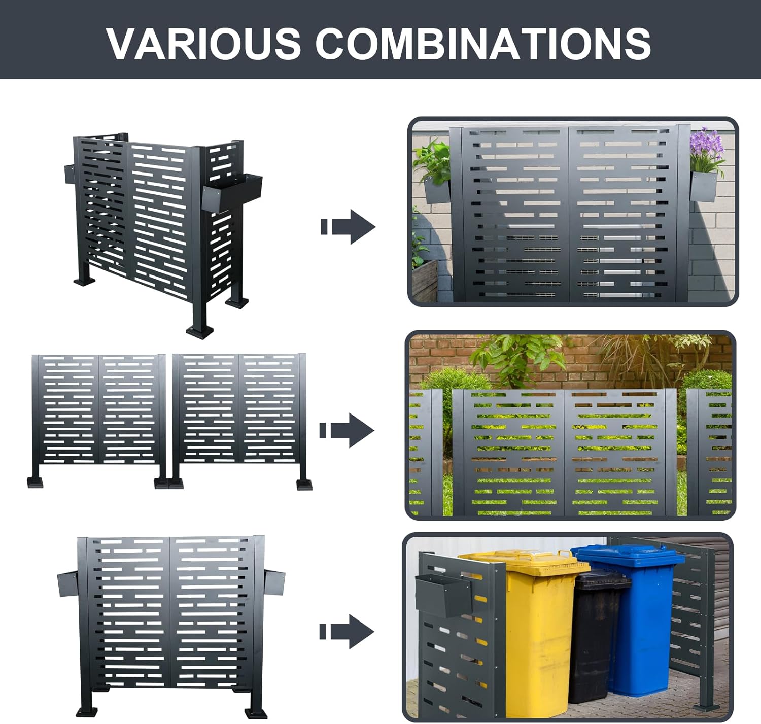 YOPTO 4FT×2FT Air Conditioner Fence,Metal Privacy Fence Cover,Trash Can Enclosure Fence,Outside Privacy Screen,Galvanized,Non-Rust & Rain Panel,for Outdoor Units,Patio,Backyard,3-Fence Panels,Charcoal