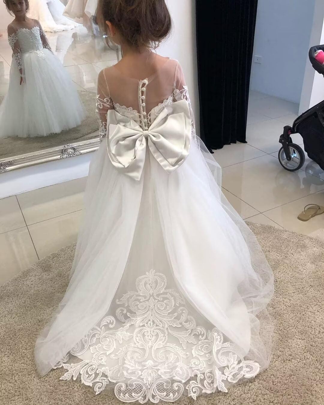 BABYONLINE D.R.E.S.S. Robe Boheme Chic Mariage Longue en Dentelle Tulle Robe de Communion pour Les Filles