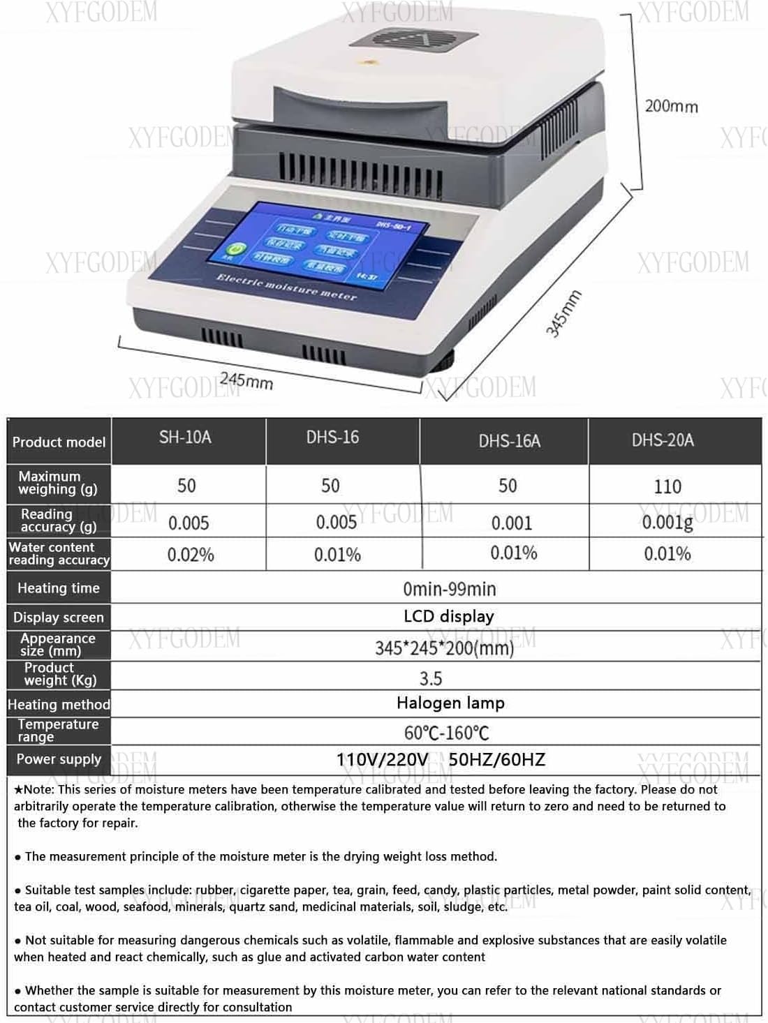Analizador de Humedad Halógeno Laboratorio, Medidor Electrónico Precisión con Pantalla LCD Táctil 5 Pulgadas, Balanza Secado por Lámpara Halógena para Agricultura
