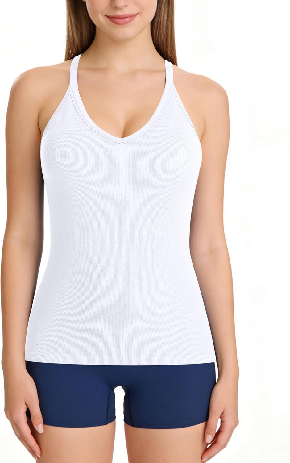 ATTRACO Ribbed Workout Tank Tops for Women with Built-in Bra V Neck Rackback Going Out Camisole