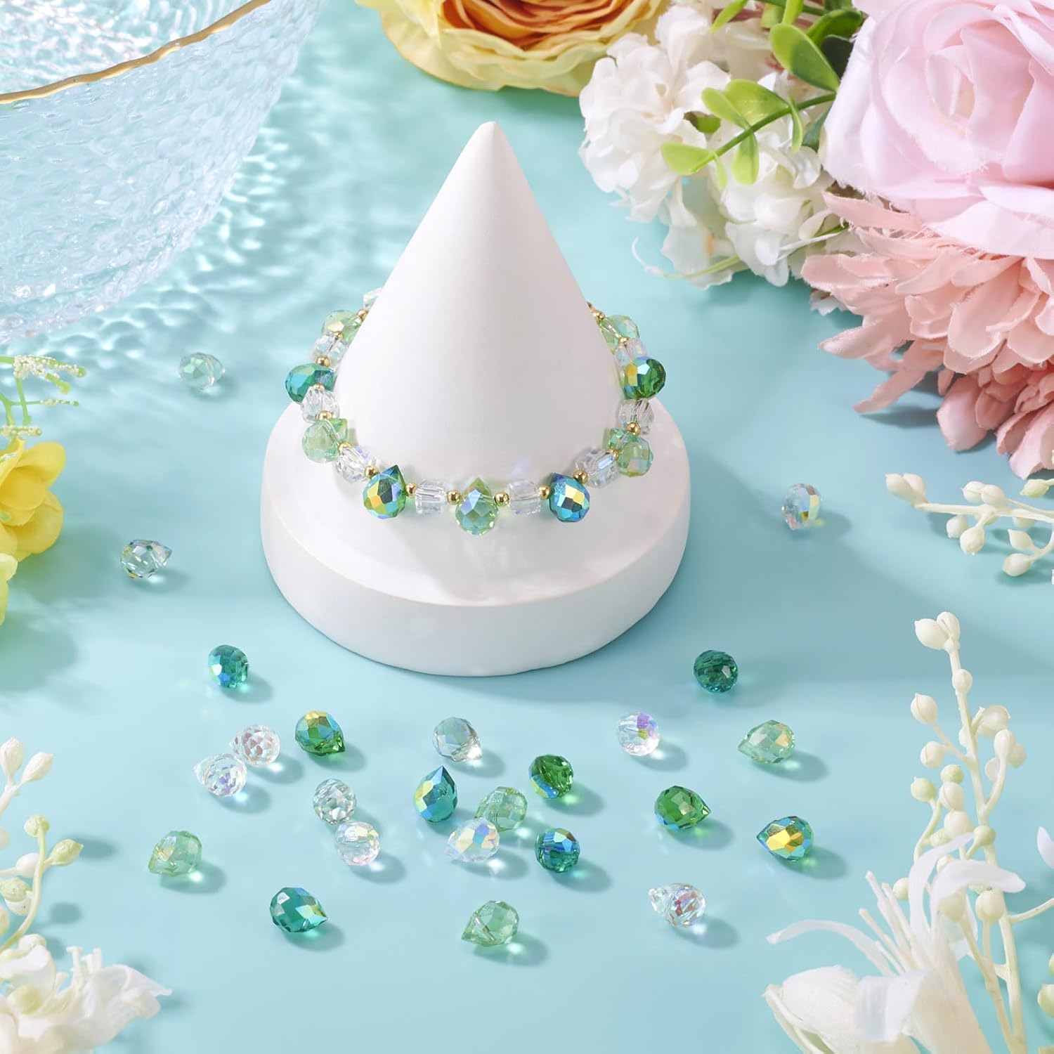 50pcs Teardrop Glass Beads for Jewelry Making Faceted Clear Crystal Beads Green Glass Teardrop Chandelier Shiny Pendants for DIY Craft Earring Necklaces Bracelets - Image 2