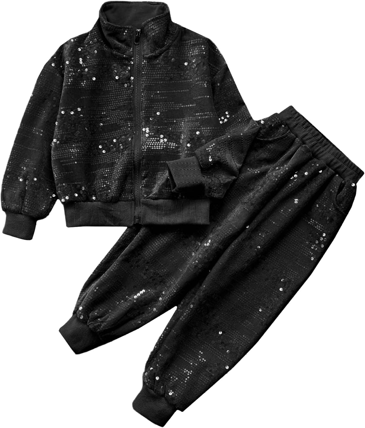 Kids Girls Sports Outfit Sparkly Velvet Tracksuit Set Long Sleeve Zipper Jacket with Elastic Waistband Pants Set