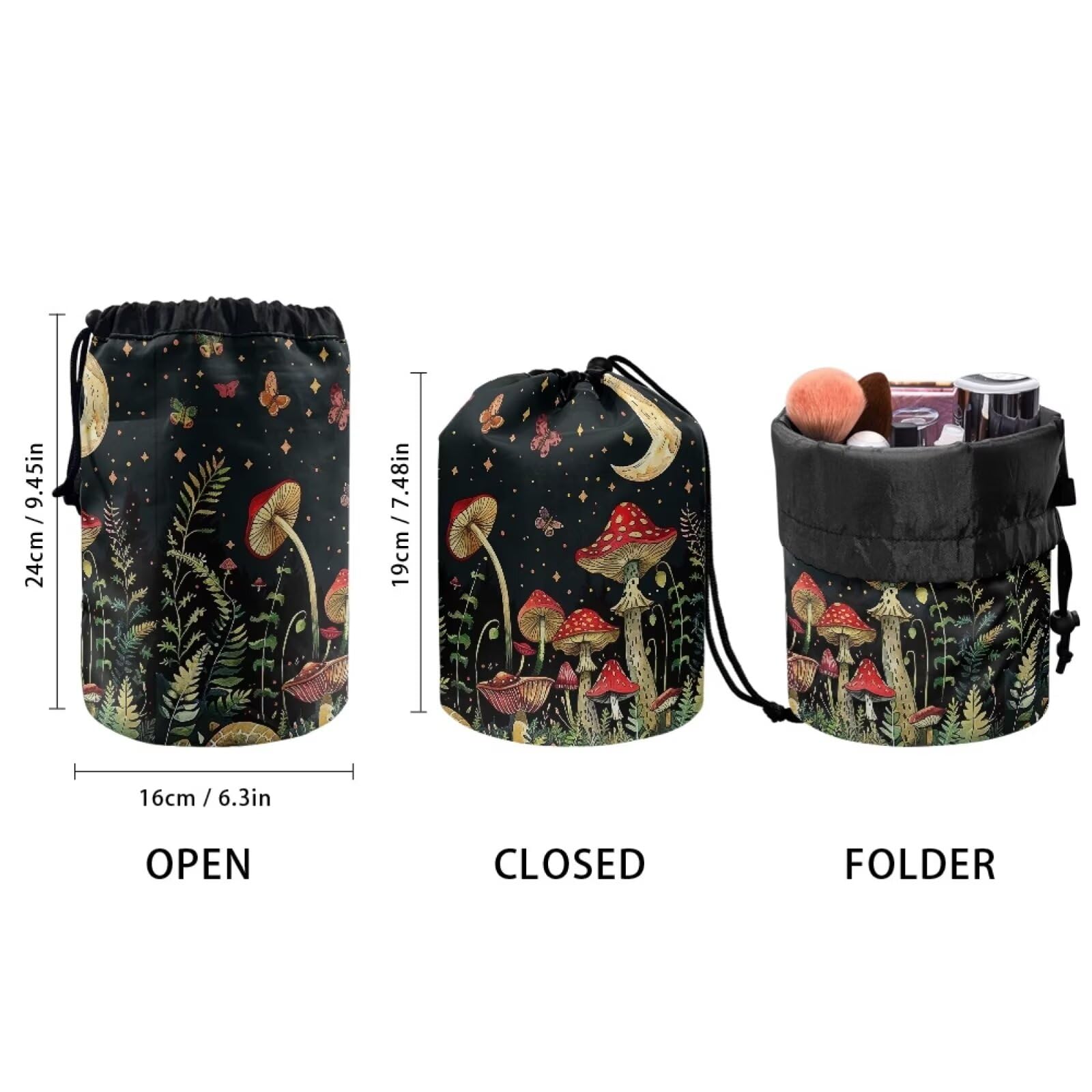 chaqlin Moon Mushroom Travel Cosmetic Bags Barrel Makeup Bag,Women Girls Portable Foldable Cases Multifunctional Toiletry Bucket Bags Round Organizer Storage Pocket - Image 4