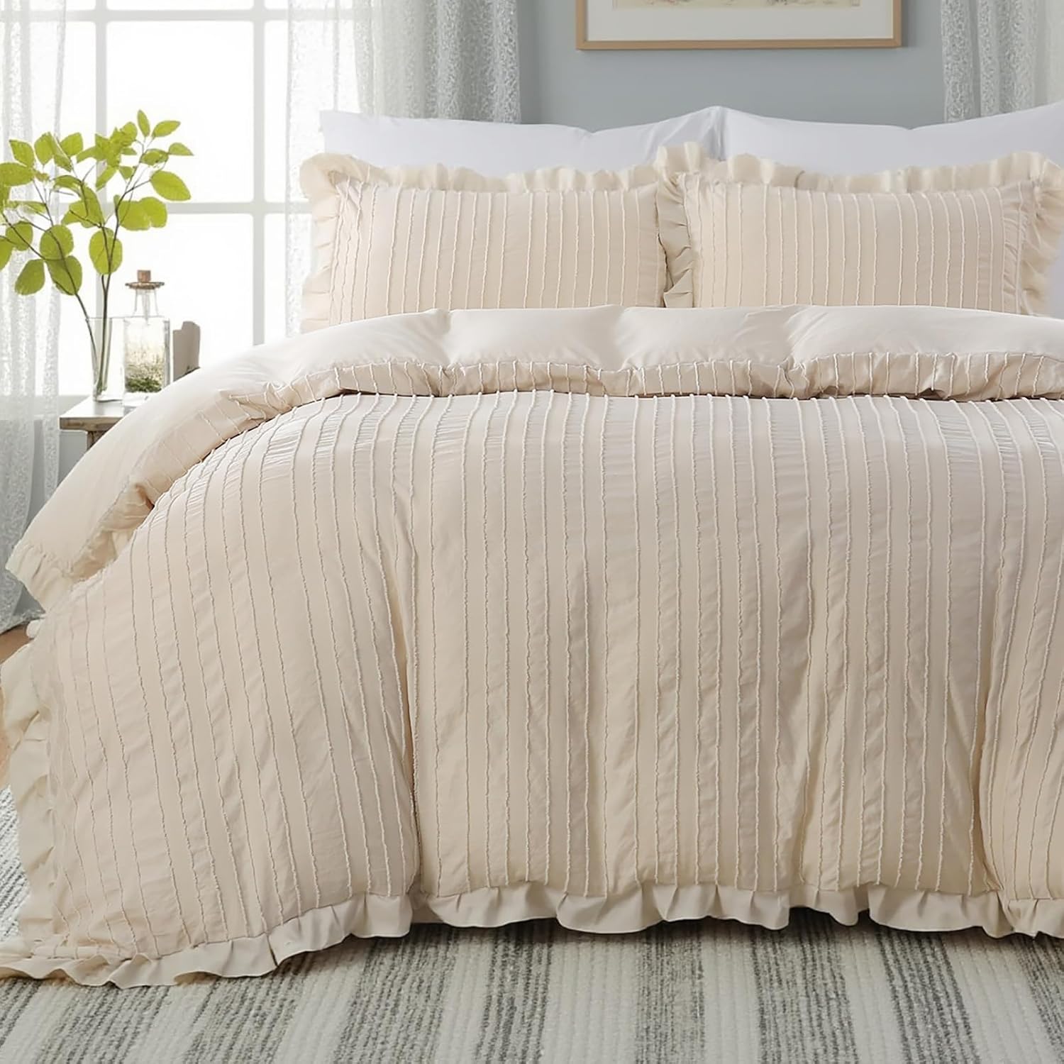 MOVE OVER 3 Pieces Beige Ruffle Comforter Set Queen Size Shabby Chic Boho Bedding Sets for Bedroom Ultra Soft and Fluffy Ruffled Comforter Set All Season Striped Textured Design Farmhouse Bedding Set Queen Beige
