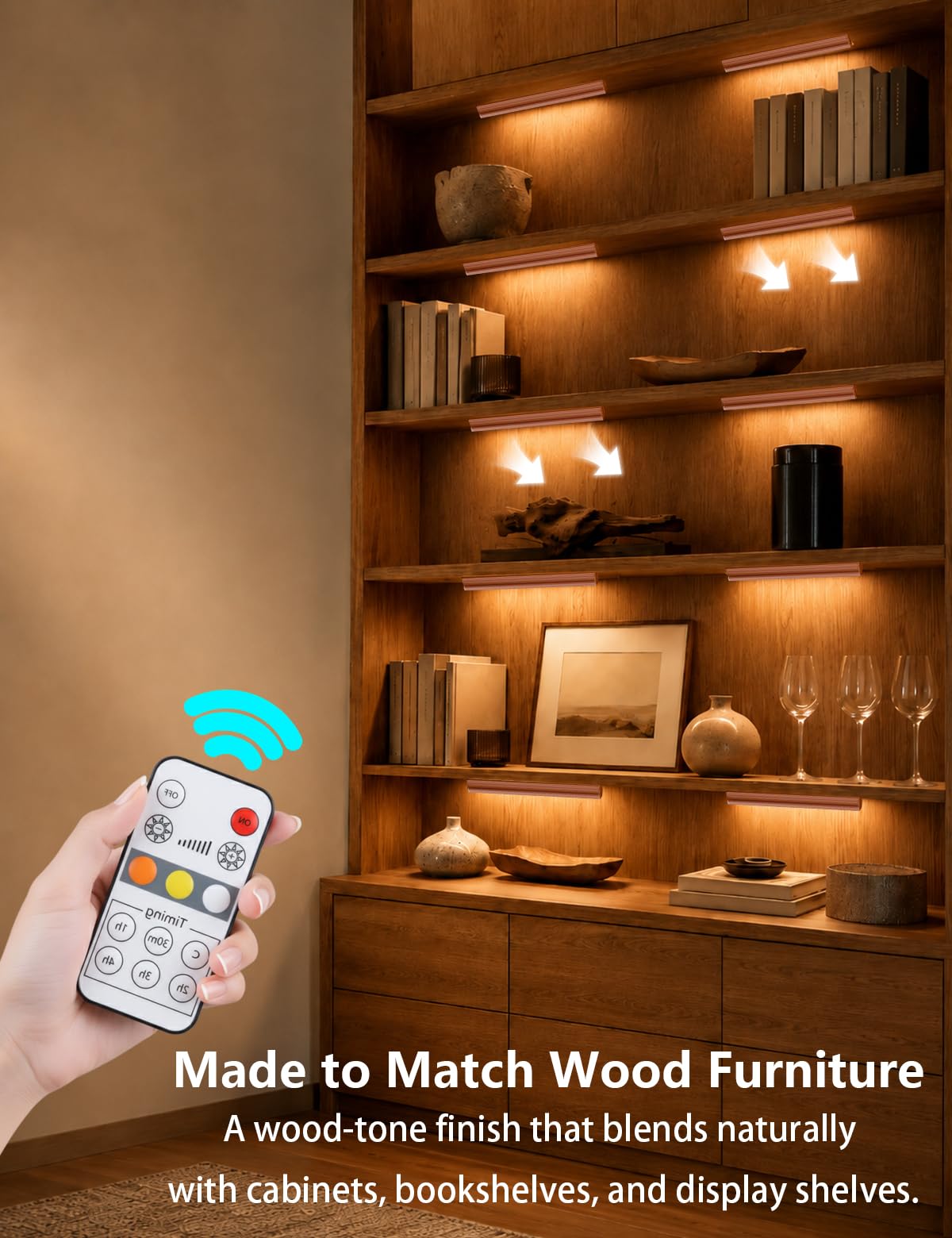 Luci per armadietto, luci LED per armadio, ricarica USB wireless (colore legno, confezione da 2 da 31 cm)