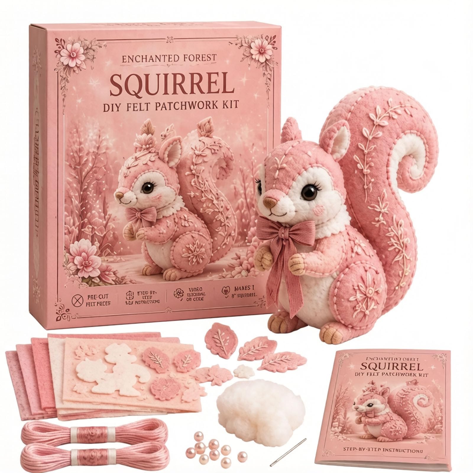 Pink Woodland Friends DIY Felt Patchwork Kit, DIY Creative Patchwork Art Craft, Magic Forest Animals 3D Felt Sewing Kit, Artisanal Fabric Stuffed Project, Creative Manual Sewing Craft (12#)