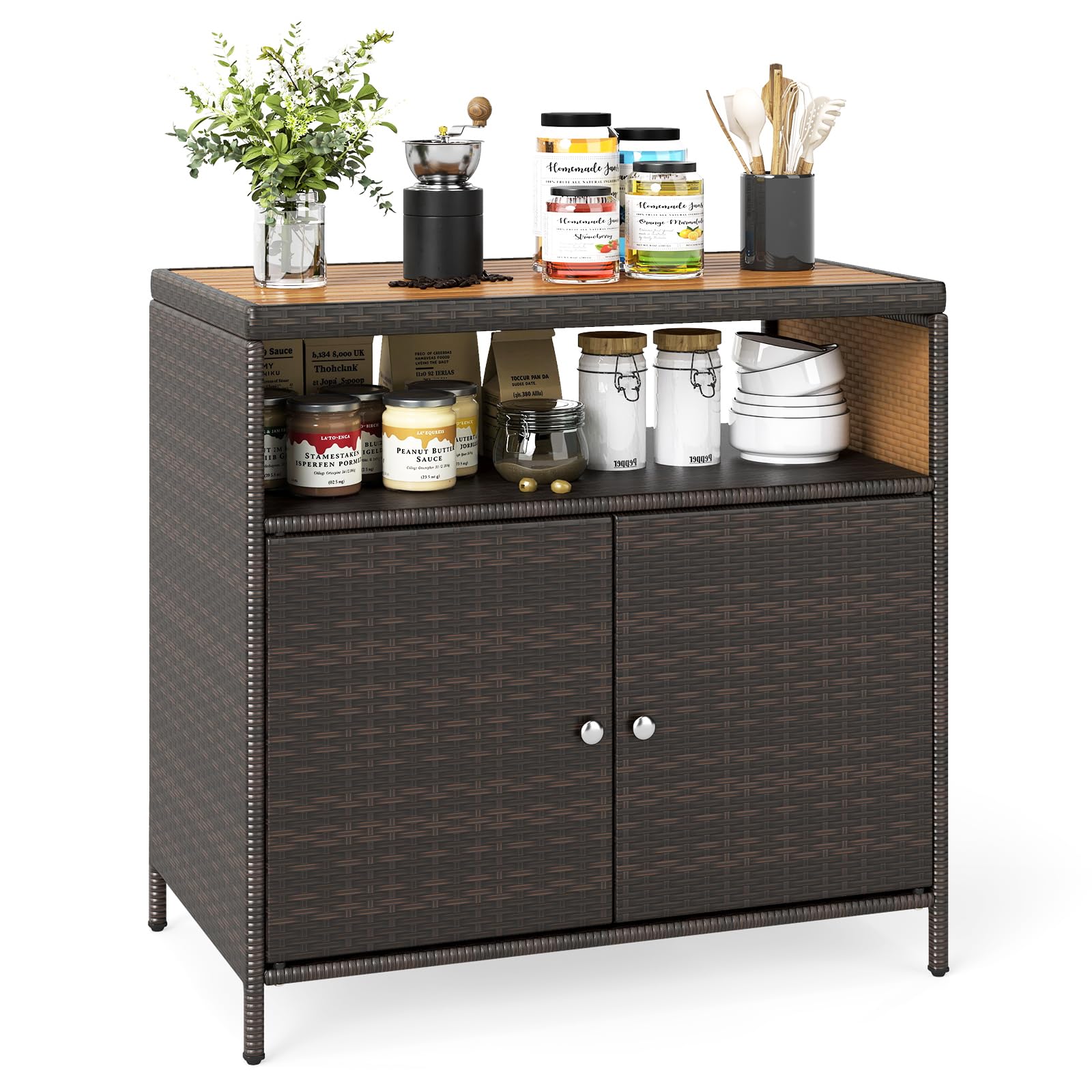 LIFEZEAL Gartenschrank Rattan, Aufbewahrungsschrank mit Akazienholzoberfläche, 90 x 53 x 86 cm, Braun