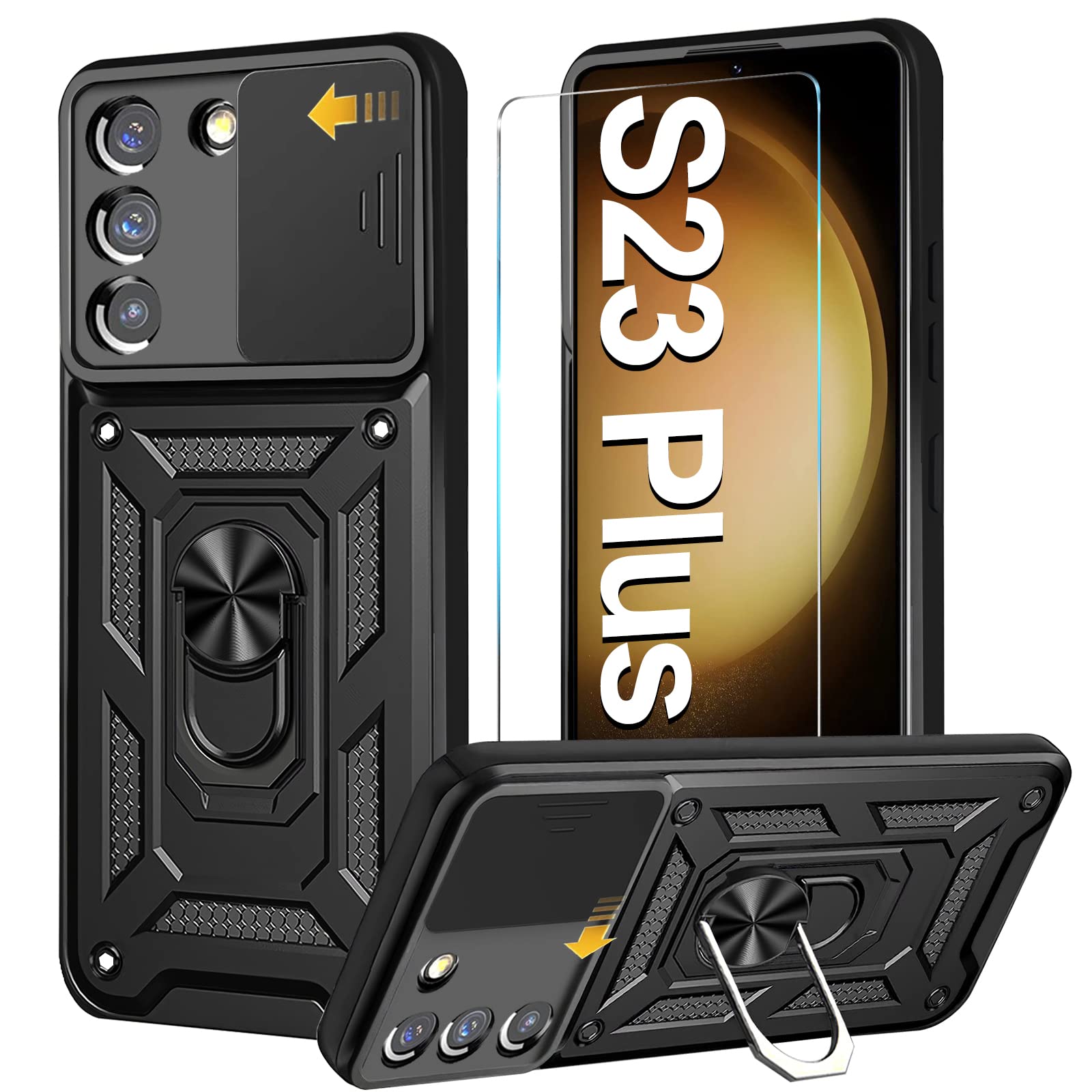Case for Samsung Galaxy S23 Plus Case with Magnetic Kickstand Slide Camera Cover Protector[8FT Military Shockproof Protection] Bumper Car Mount Phone Case for S23 Plus Case 5G (Black)
