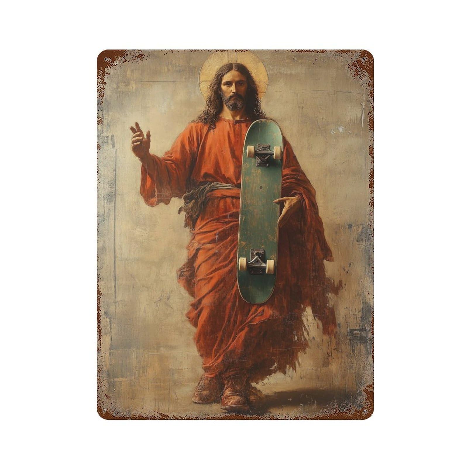 Rust Effect Jesus with Skateboard Weathered Tin Sign 15.7"x11.8", Novelty Wall Decor for Office, Studio And Wall Decor