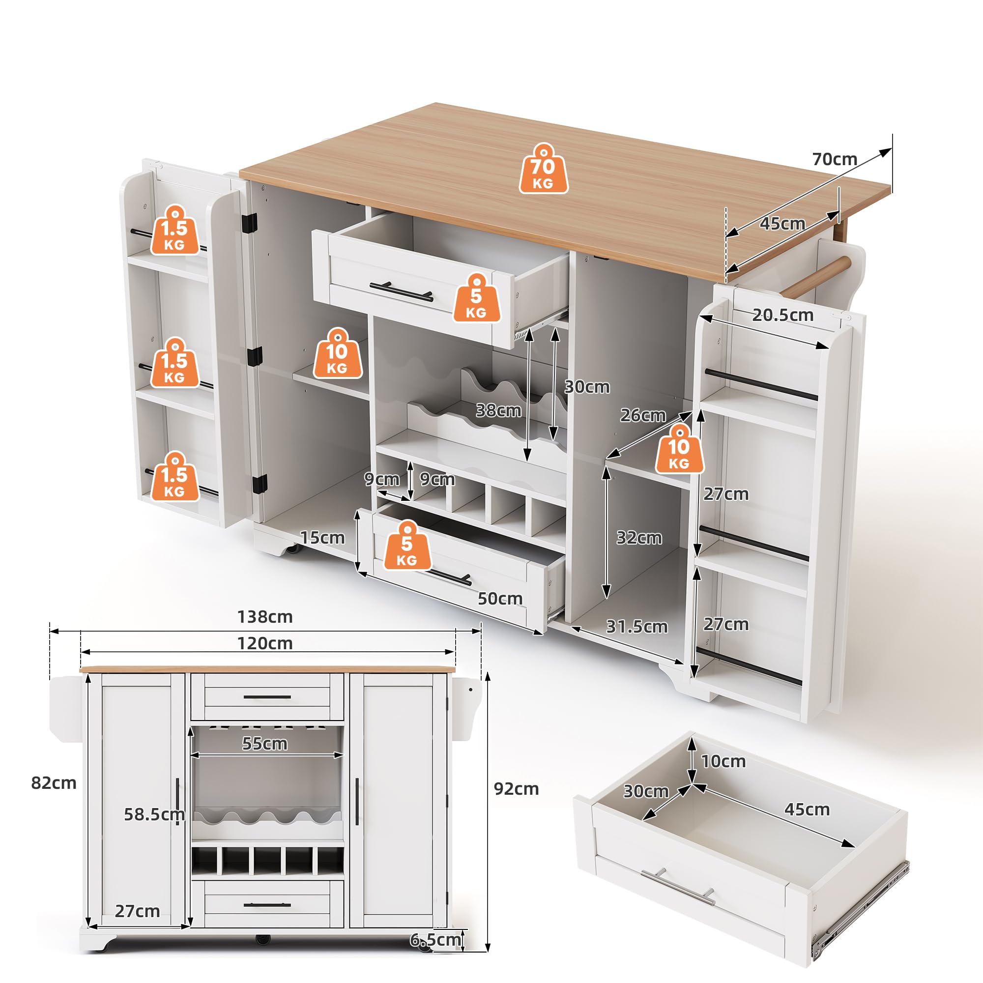 Isla De Cocina Móvil con Ruedas, Carro de Cocina con Mesa de Comedor Extensible, Mueble Auxiliar Cocina con Botellero, Soporte para Vasos, Estante para Especias y Toallero, 120x45x92cm (Blanco)