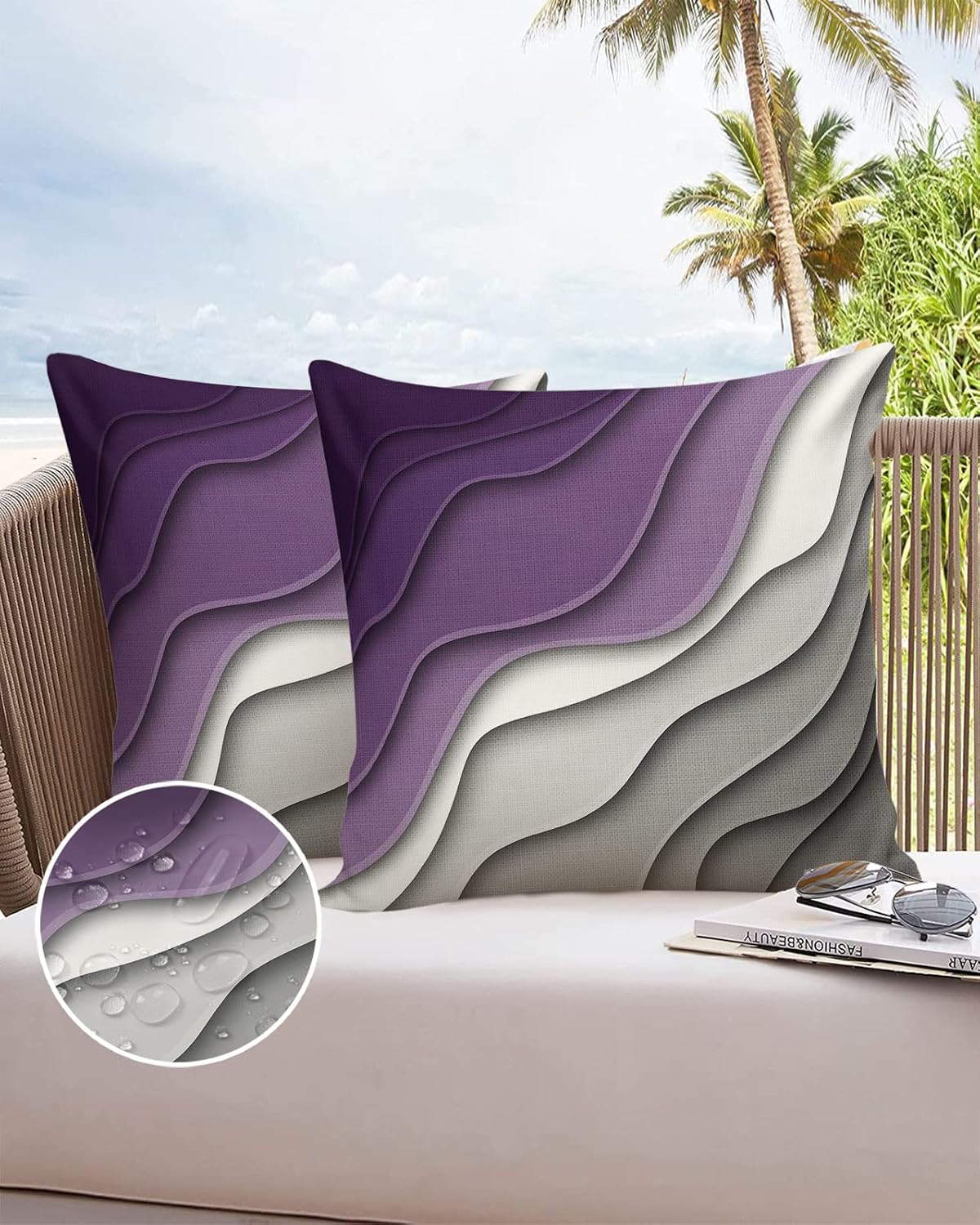 ALAGEO Outdoor Waterproof Pillow Covers for Patio Furniture Purple Grey Modern Geometric Decorative Throw Pillow Cover Abstract Beach Pillowcases Set of 2 Cushion Case for Sofa Couch 24 x 24 Inches