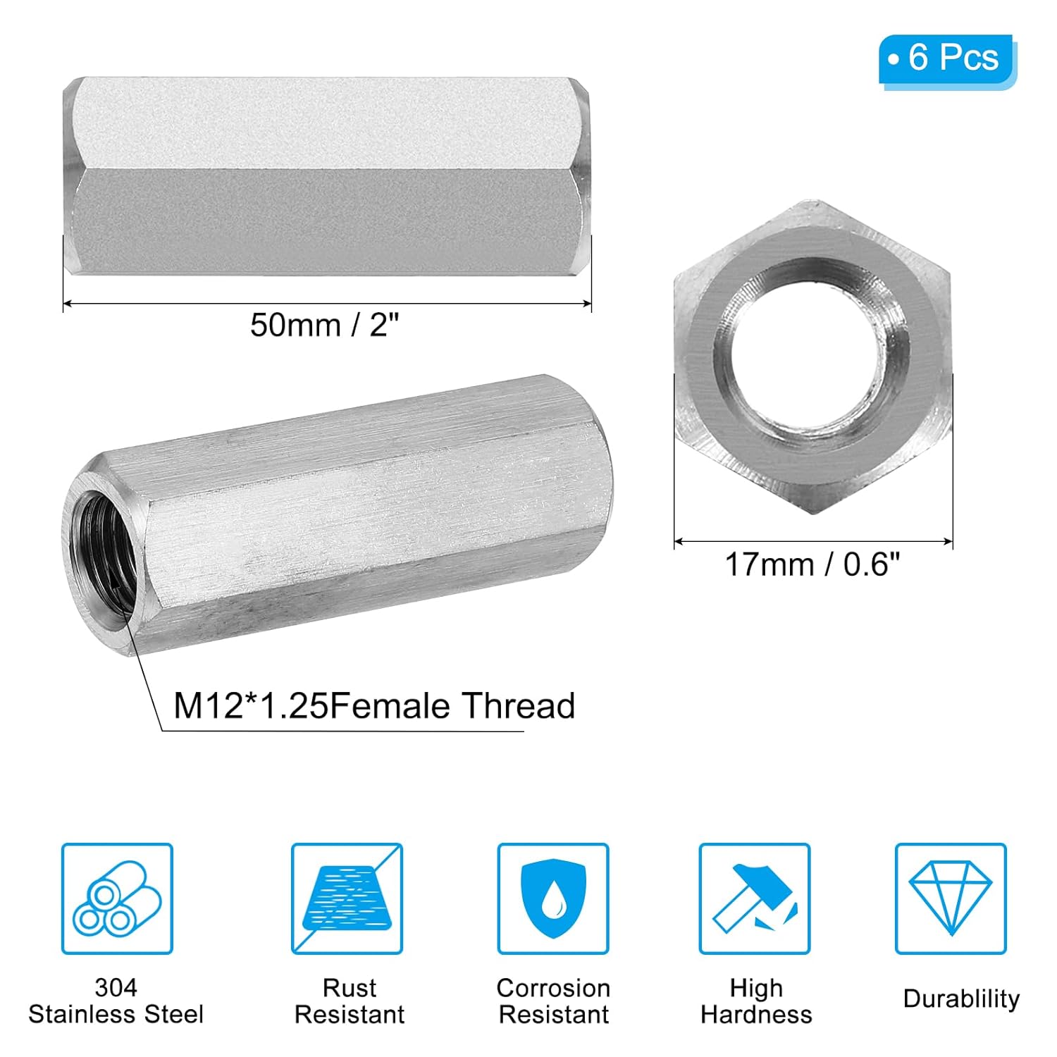 PATIKIL M12 x 1.25-Pitch 304 Stainless Steel Hex Coupling Nuts, 6Pcs 50mm/ 2" Length Fully Threaded Rod Coupling Nut Studding Connector Fasteners, Silver Tone M12-1.25 x 50mm 6