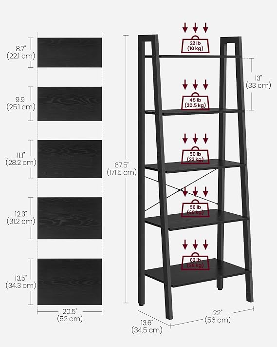 VASAGLE BARNET Collection - Ladder Shelf, Bookshelf, Storage Rack, Modern Bookcase for Living Room Home Office Kitchen, Steel Frame, 5-Tier, 22-Inch Wide, Ebony Black and Ink Black ULLS045B56