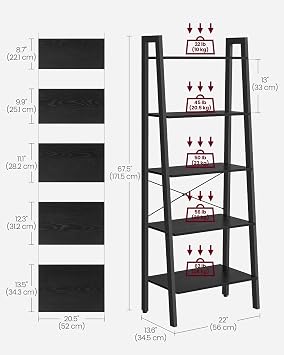 VASAGLE BARNET Collection - Ladder Shelf, Bookshelf, Storage Rack, Modern Bookcase for Living Room Home Office Kitchen, Steel Frame, 5-Tier, 22-Inch Wide, Ebony Black and Ink Black ULLS045B56