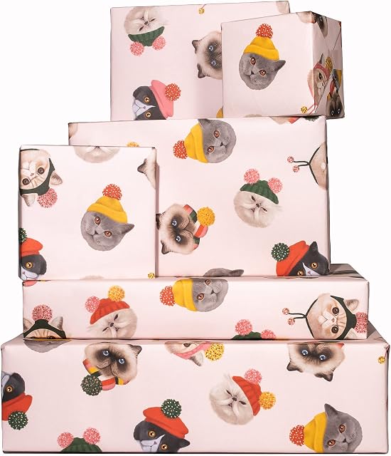 Christmas Gift Wrapping Paper and Tags - (x6) Pink Gift Wrap Sheets for Her - Cats in Hats - For Girls Women - Christmas - Birthday - Wrap for Kids - Recyclable - by Central 23