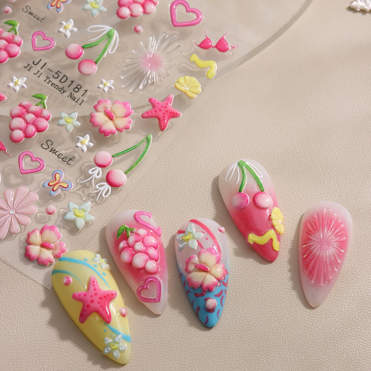 Photo 1 of 1pcs Summer Nail Stickers for Nail Art Embossed Nail Decals 5D Flowers Dolphins Starfish Shell Jellyfish Mermaid Tail Design Butterfly Lemon Nail Stickers Ocean Beach Acrylic Nail for Women