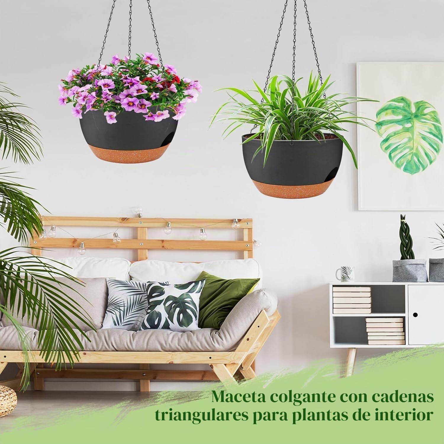 2 Macetas Colgantes Ø24 cm – Juego de 2 macetas Colgantes de plástico con Sistema de riego, Agujeros de Drenaje y Plato extraíble, para Interiores y Exteriores, Gris Oscuro