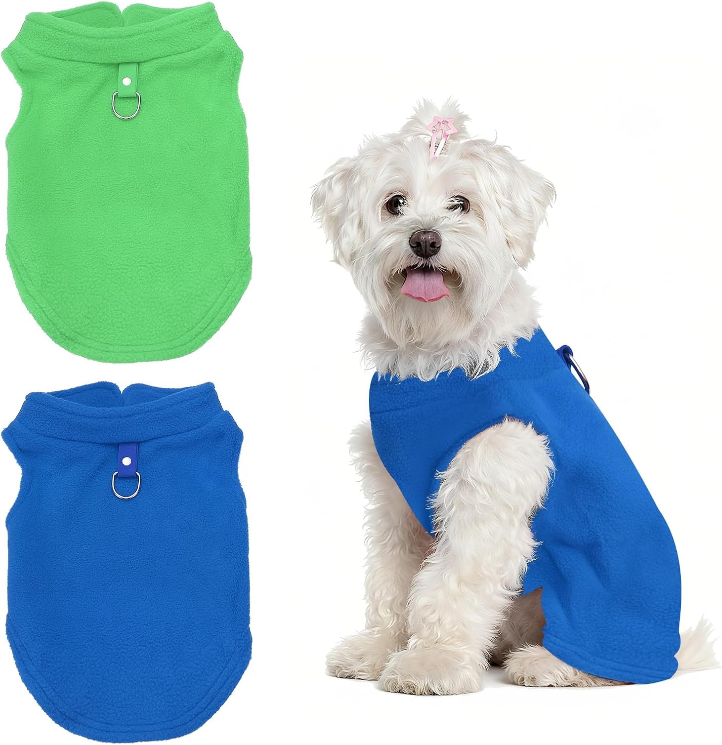 Dogs Fleece Vest Sweater, Stretch Fleece Dog Coat with Leash Ring Winter Warm Pet Thick Clothes Soft (S, Solid, Dark Blue/Green, 2Pack), for Chihuahua/Bichon/Puppies/Kitten