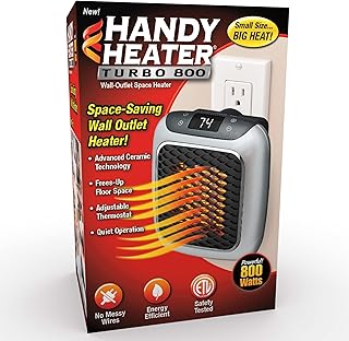 Ontel Handy Heater Turbo 800 Wall Outlet Small Space Heater with Adjustable Thermostat, Programmable 12-Hour Timer, Auto Shut Off - Quiet & Space-Saving Ceramic Mini Heater