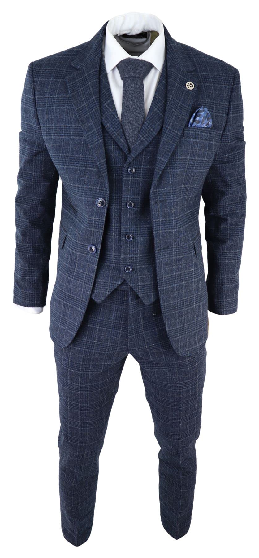 Mens Tweed 3 Piece Suit Blue Check Vintage 1920s Gatsby Blinders Tailored Fit - Blue 44