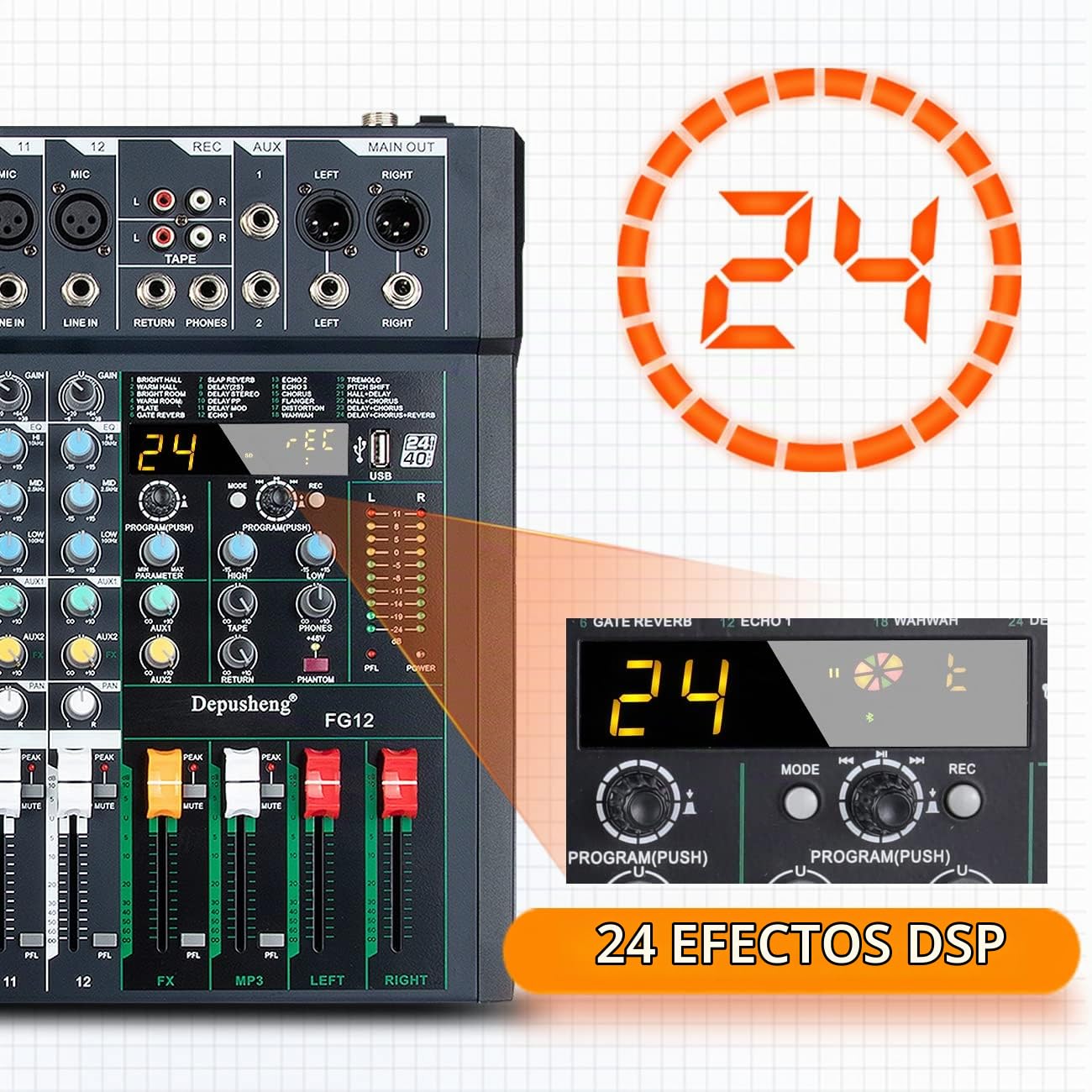 Depusheng FG12 Mezclador de audio profesional de 12 canales para la interfaz de sonido de grabación de computadora, interfaz de controlador de sonido, incorporado 24 DSP Effect con 48V Phantom Power