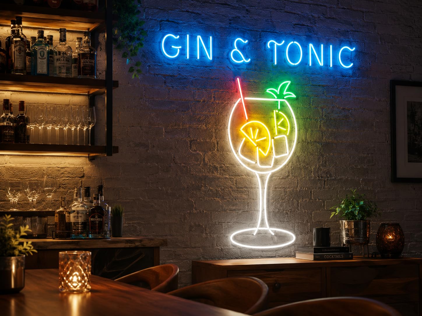 Letrero GIN & TONIC Cartel Luminoso LED Escaparate, Decoración de Pared en Metacrilato, Luz Brillante, aproximadamente 23X60 alimentación 12v