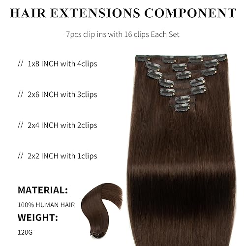 Miniatura 5 de Extensiones de cabello humano con pinzas, 100% cabello humano virgen brasileño, 7 unidades por juego, con 16 clips, doble trama (14 pulgadas, 4.23