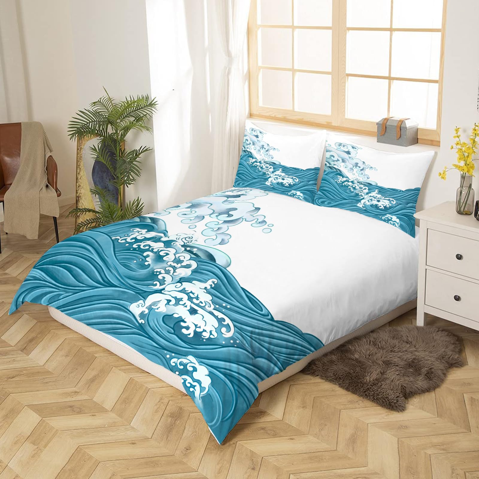 Housse De Couette 200x200 Ukiyo-E Japonais Style Dessin Animé Parure De Lit 2 Personnes Microfibre Pour Adulte Ado Enfant Avec Fermeture Et 2 Taies D' Oreiller