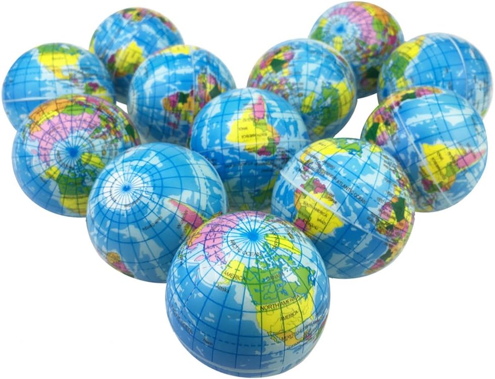 MiMiLive Globe Stress Balls 1 Dozen Earth Foam Squeeze Balls with World Map 2.5 Inch World Stress Ball Earth Stress Relief for Class/Pressure Relief/Party Favor(Globe)