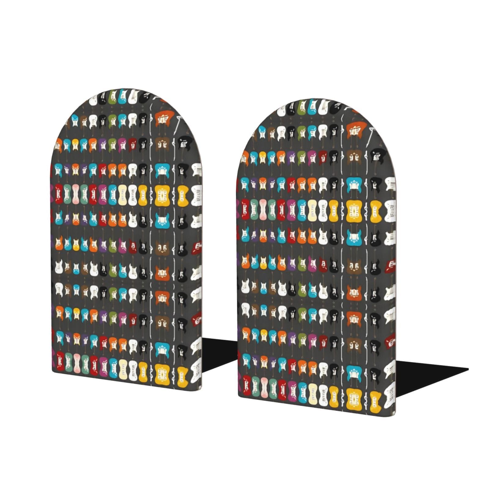 Colorful Guitars Stylish Bookends with Full-Print Design Durable Wooden and Metal Bookend Set for Home, Office