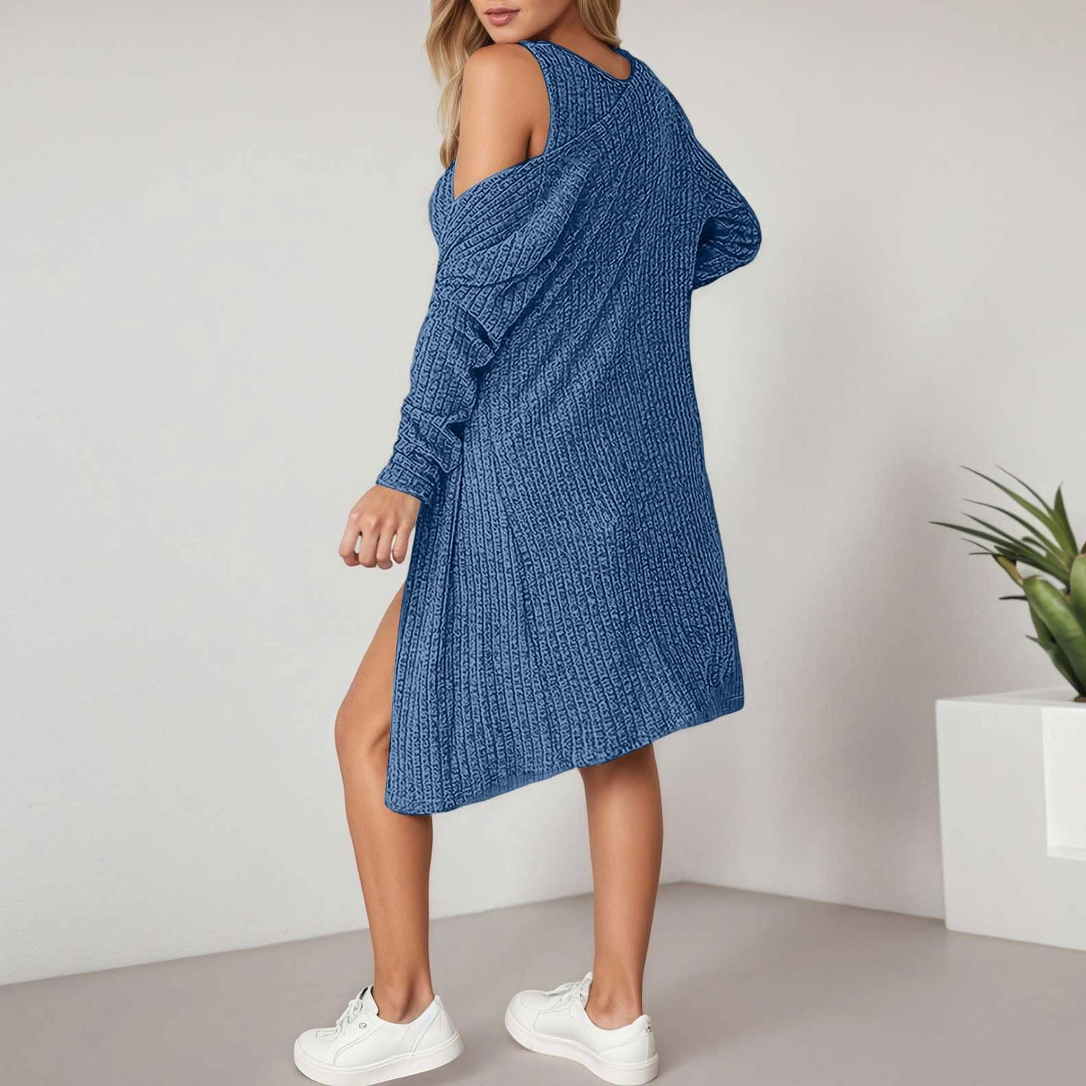 Abito senza maniche e cardigan in due pezzi, tunica in maglia a coste morbida, canotta, abito lungo con cappotto aperto sul davanti, outfit casual