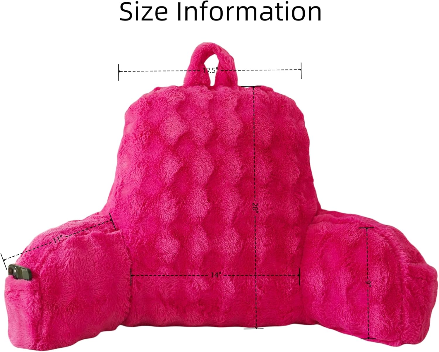 Yaoshuho Faux Fur Reading Pillow for Sitting in Bed, Large Backrest Bed Pillow with Arms, Back Support Pillow for Lounging Bedrest, Hot Pink