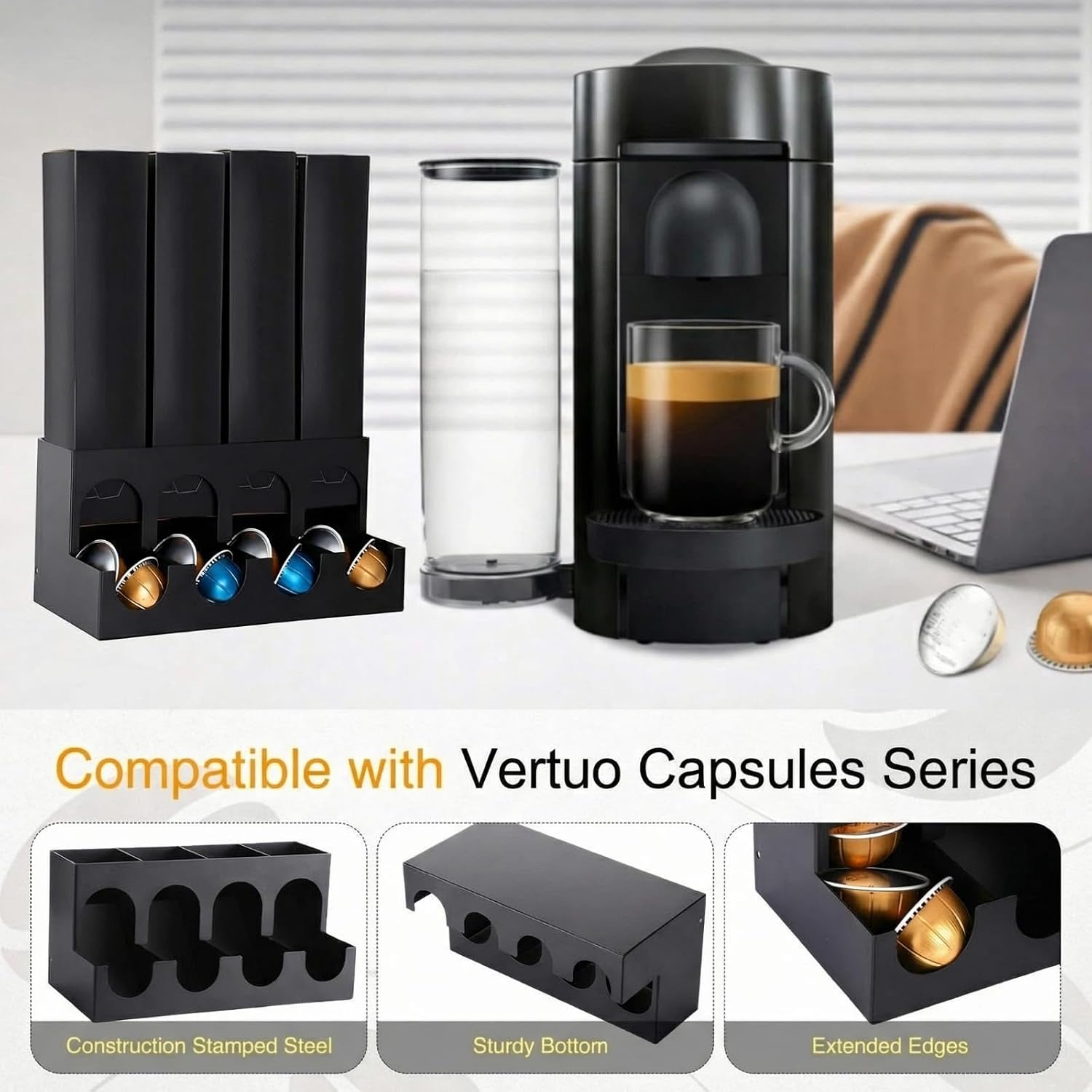 Pods Holder Compatible with NespressoVertuo Freestanding Countertop Capsules Pod Holder, Holds 4 Box Sleeves, with Non Slip Steel Base, Holds 40 Coffee Pods Dispenses 4 Flavors