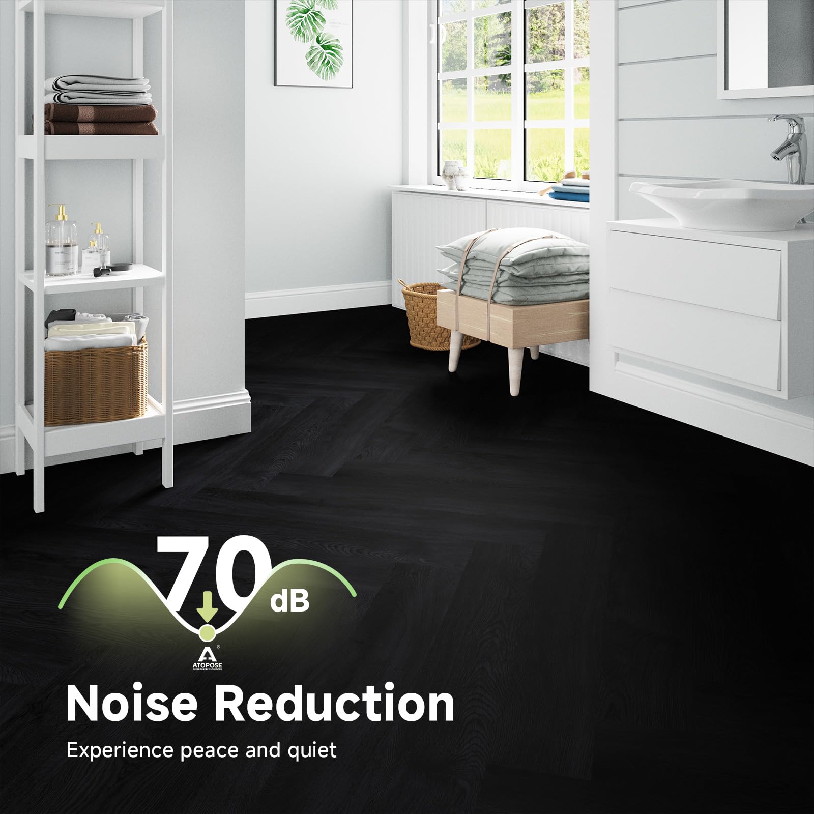 ATOPOSE Vinylboden Selbstklebend, 3,0 mm Schwarz, 28 Dielen, 1,0 mm Unterlage, wasserfest, rückstandsfrei, Küche, Bad, Schlafzimmer, 3,9 m²