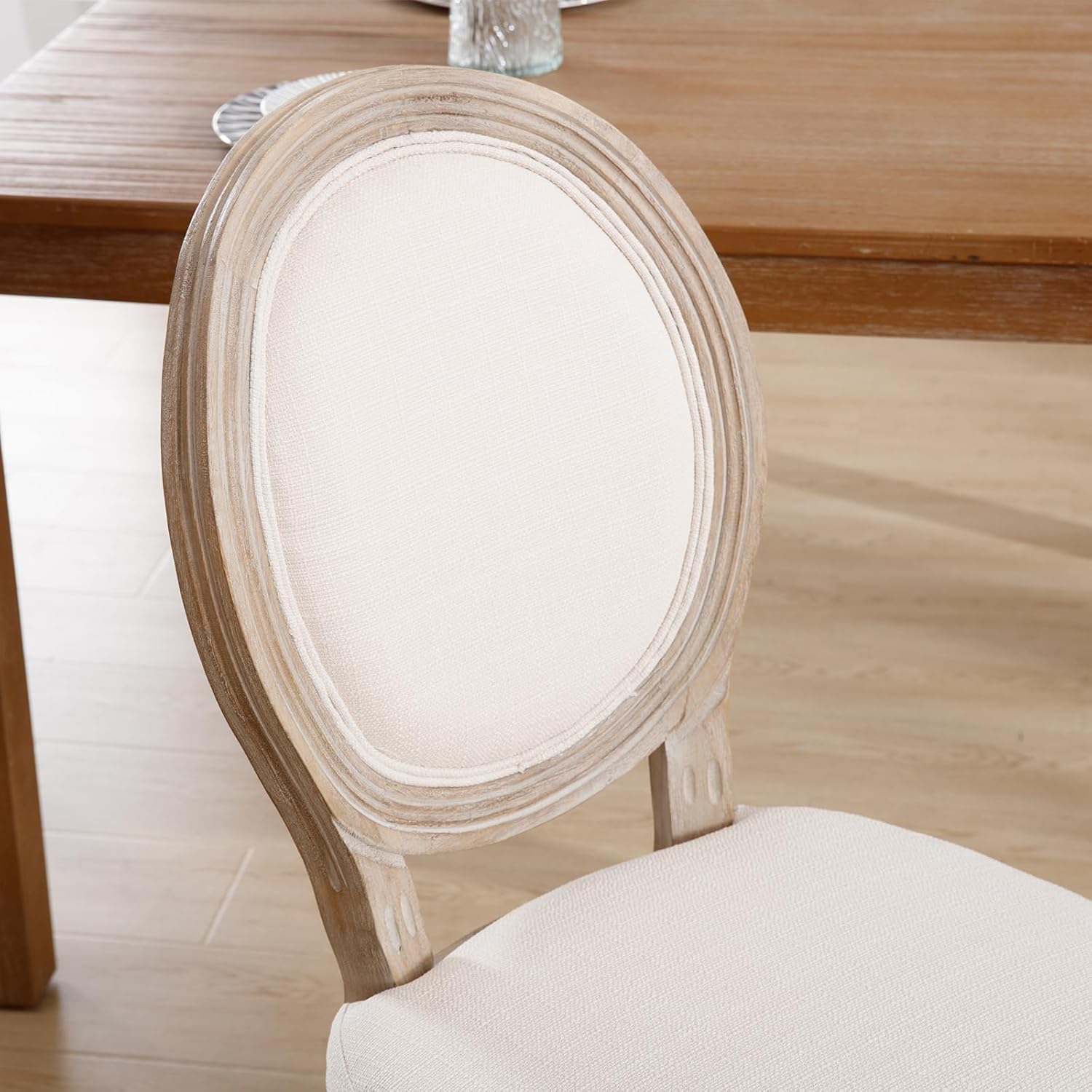 Kmax Farmhouse Dining Room Chairs, Brown Wood Legs Elegant Tufted Kitchen Chairs, French Distressed Bedroom Chairs with Round Back, Set of 6, Beige