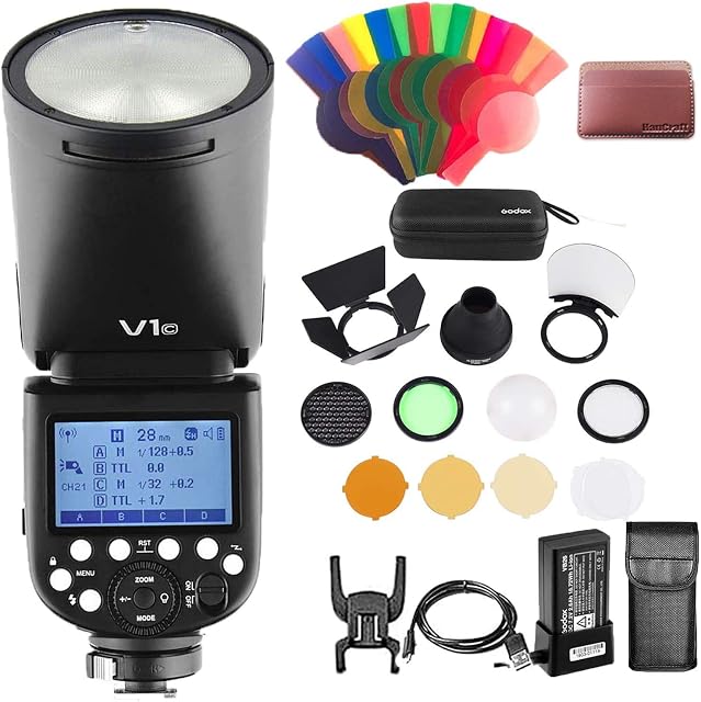 Godox V1-C with AK-R1 Accessories Kit, 76Ws 2.4G TTL Round Head Flash Speedlight, 1/8000 HSS Speedlite, 480 Full Power Flashes, 1.5s Recycle Time, 2600mAh Battery, 10 Level LED Modeling Lamp