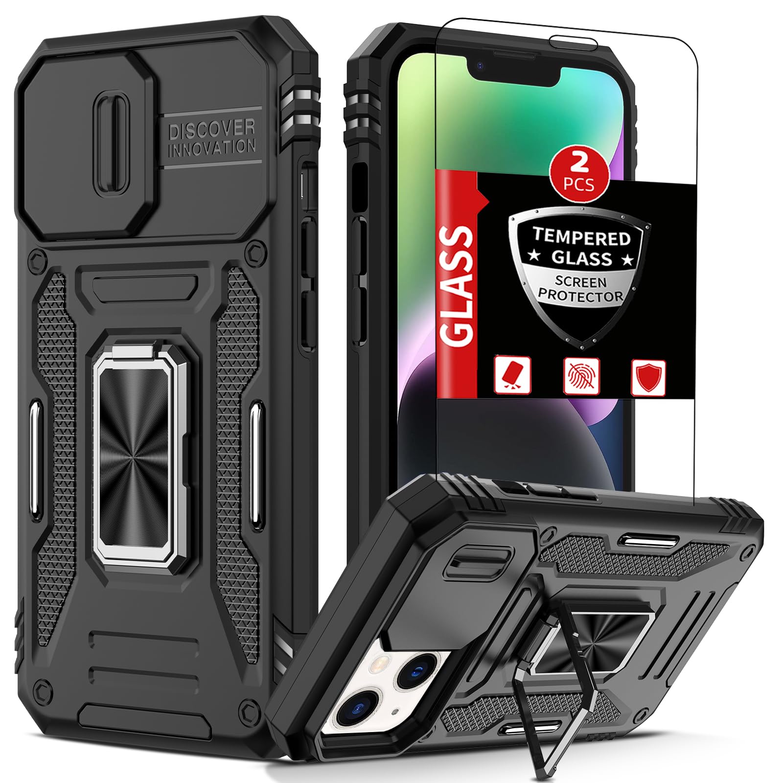 FRLMOOES for iPhone 14 Case with 2 Screen Protectors,Built-in Slide Camera Cover,Built-in 360° Kickstand Ring,Shockproof Anti-Scratch Military-Grade
