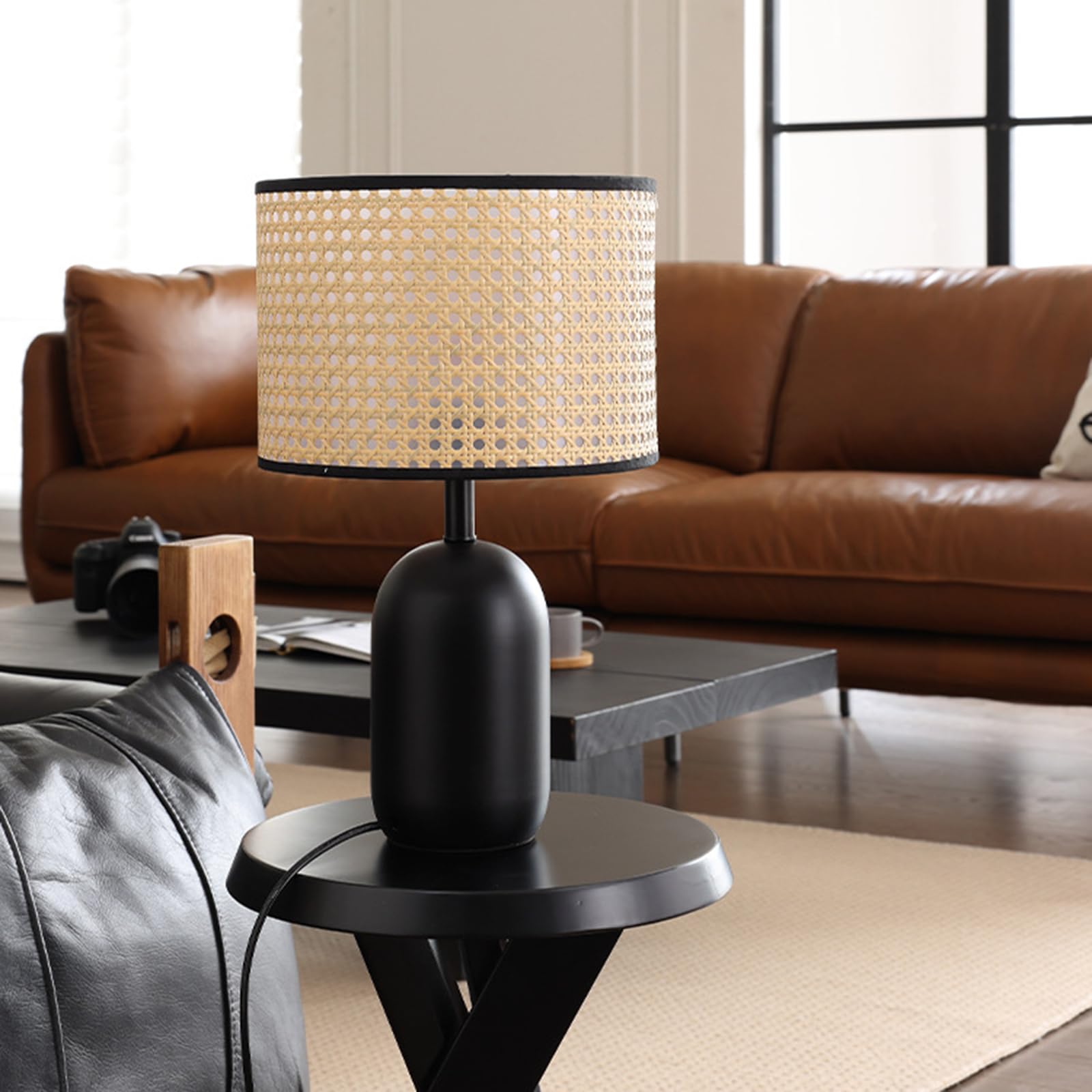 Minimalistyczna Lampa Stołowa, Lampka Nocna Z Rattanu Bohe, Do Sypialni I Salonu, Matowa Czarna Metalowa Podstawa, Nowoczesna Beżowa Lampa Biurkowa, W Zestawie żarówka LED 9 W Z ściemniania