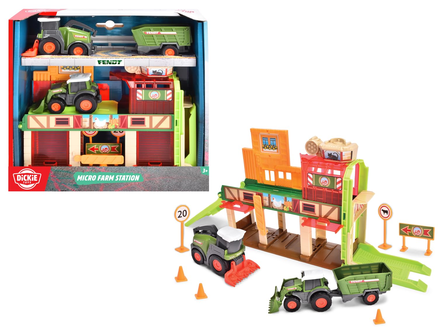Dickie Toys – Stacja do zabawy dla dzieci od 3 lat, winda z funkcją startu, rampa, 3 pojazdy rolne z wolnym biegiem, akcesoria ze znakami drogowymi i pylonami, zestaw do zabawy