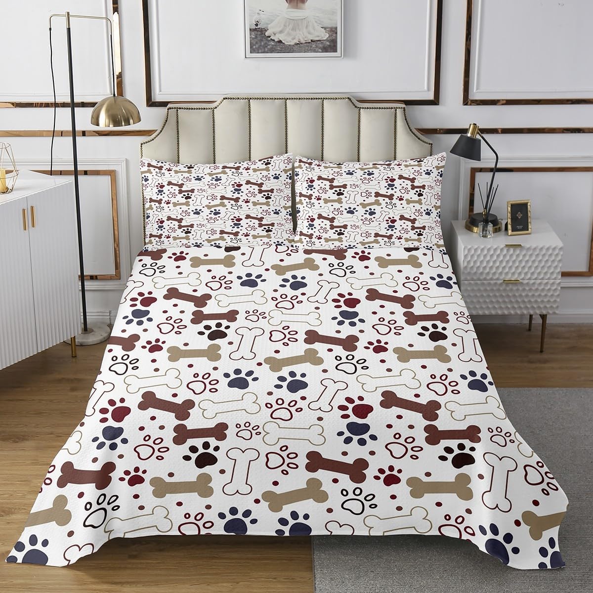 Erosebridal Dog Quilt Set Queen Size for Kids Teens Adults,Dog Paw Bones Print Coverlet Set,Cute Lovely Puppy Bedspread Set,Pet Footprint Bed Cover Bedroom Decor