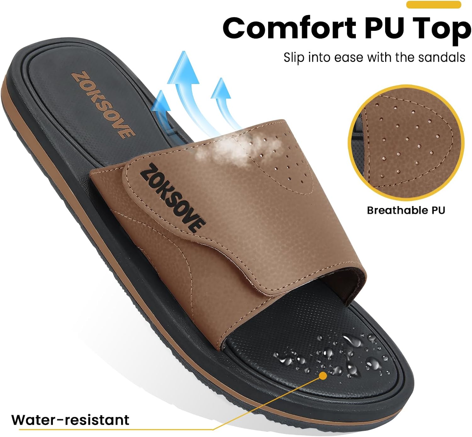 Slides for Men - Adjustable Slide Sandals Slip On- Open Toe Memory Foam Beach Sandals - Comfortable Summer Footwear for indoor/outdoor - Black 7 - Image 3