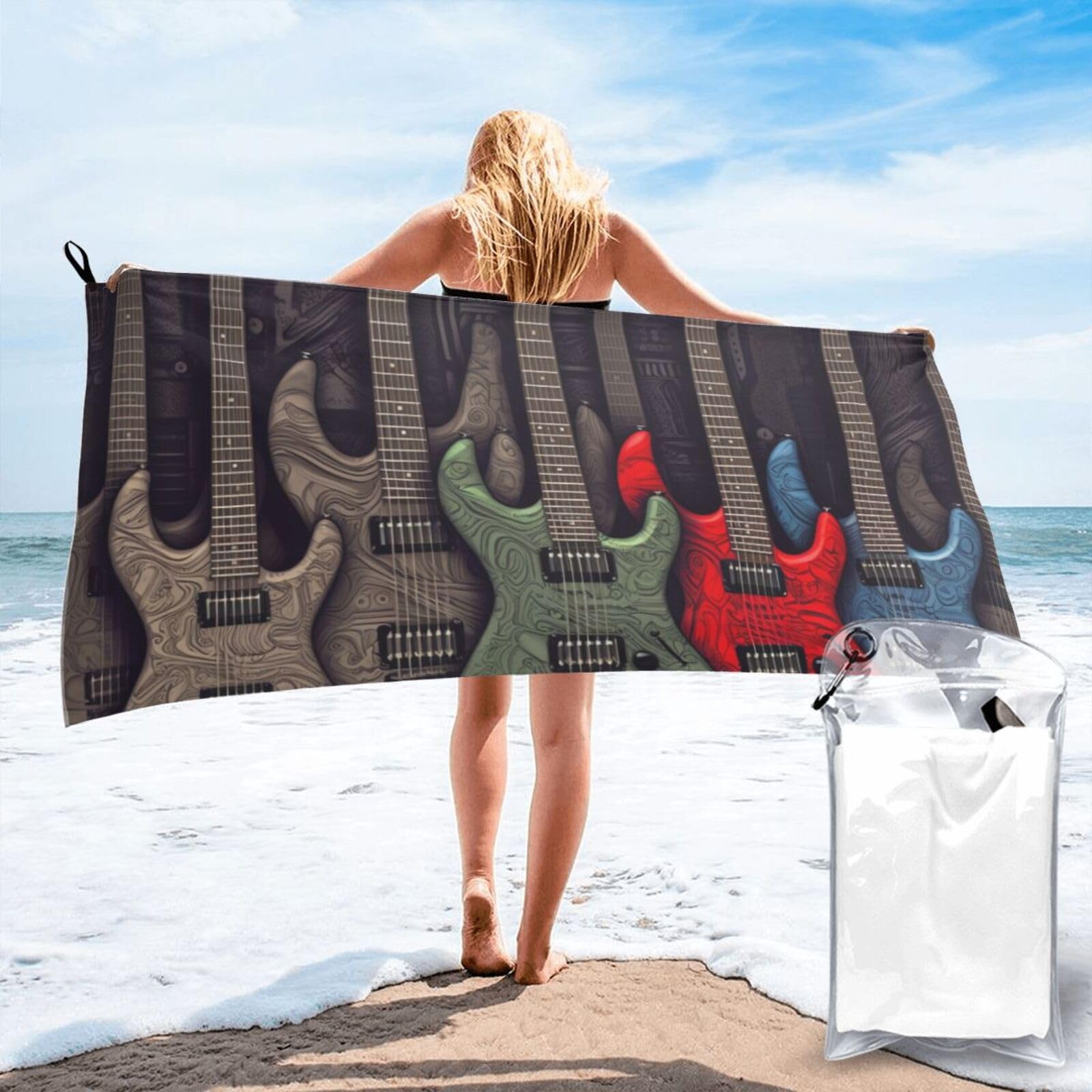 DWVTSLH Microfiber Sand Free Beach Towel 27.5"x55", Quick Dry Absorbent Travel Towel Large Camping Blanket, Guitar Pattern Bath Towels Lightweight Pool Swim Towels for Vacation Essentials