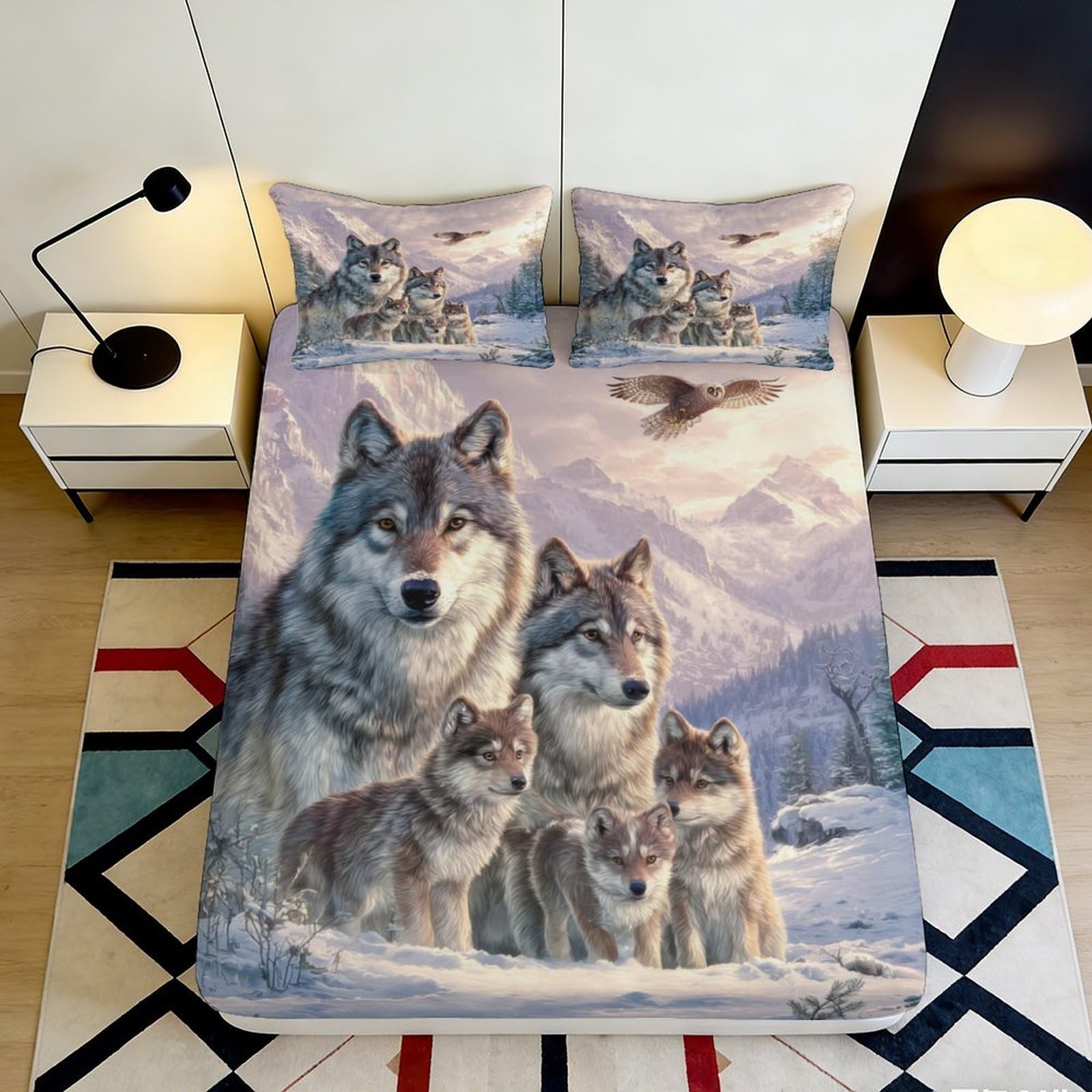 3D Printed Wolf Family Fitted Sheet Microfiber Soft Breathable Mountain Scene Bed Cover for Bedroom Dormitory Guest Room Mattress Protection 120x200x25cm