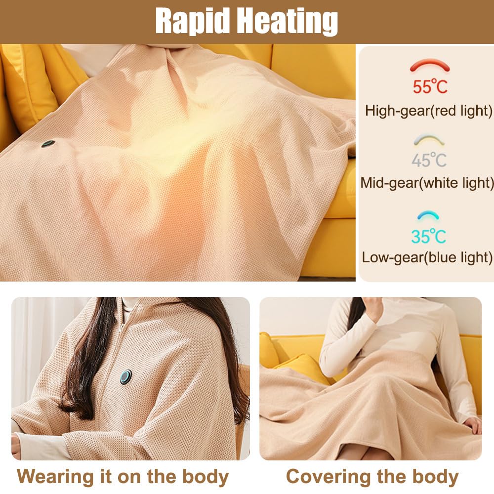 Manta eléctrica USB, bufanda/chal eléctrico inalámbrico de 150 x 70 cm con 3 niveles de temperatura y cierre de cremallera. Ideal para el hogar, viajes y la oficina