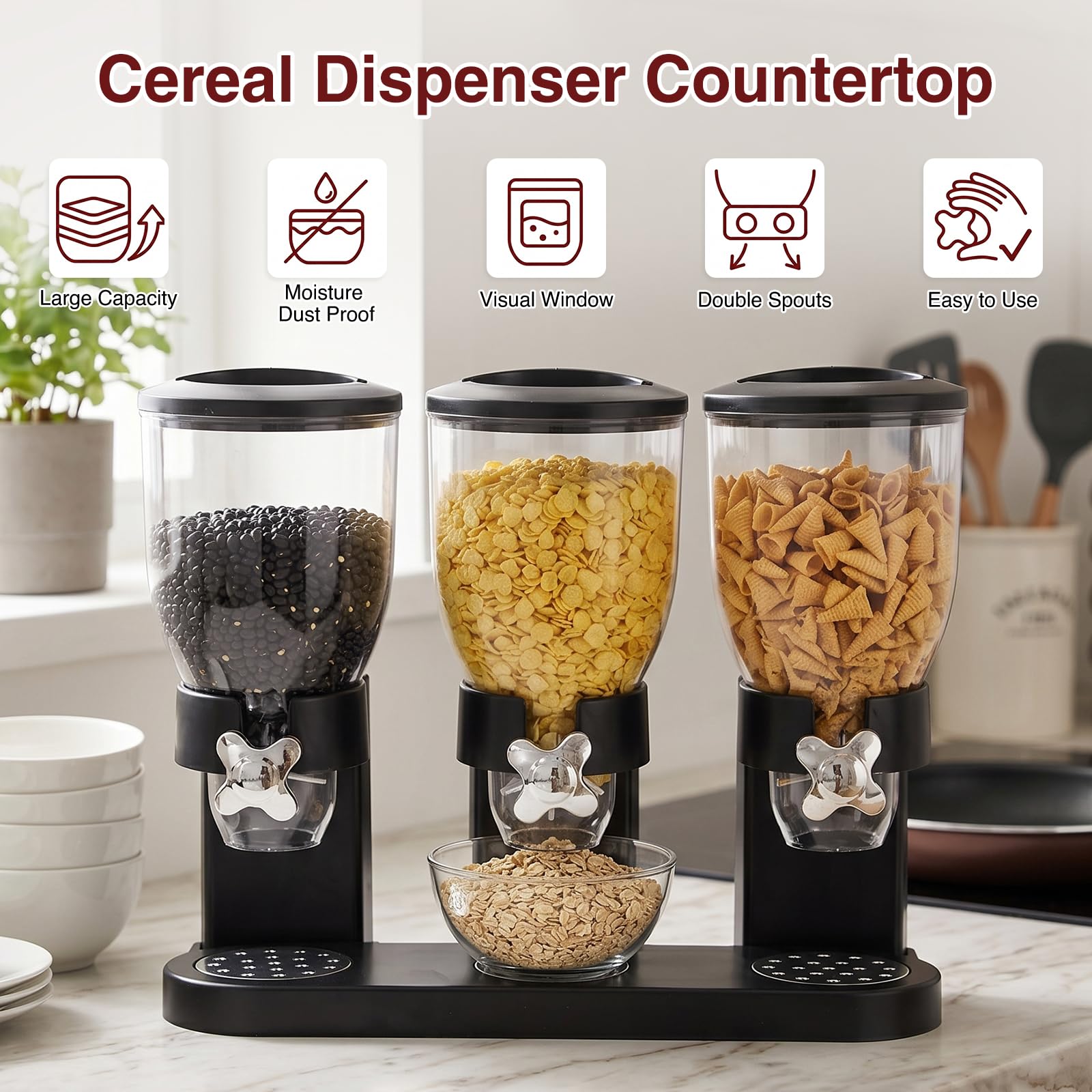 Cereal Dispenser Countertop 2L, Dreifacher Müslispender, Luftdichte Vorratsdosen mit Drehverschluss, Transparente Trockenkost-Spender Behälter für Müsli, Reis, Süßigkeiten, Kaffebohnen, Schwarz
