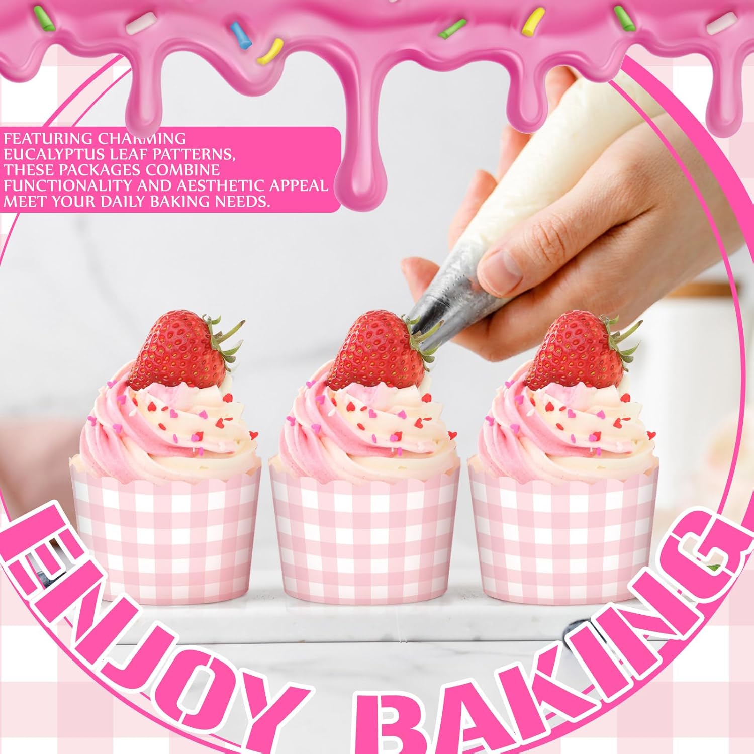 Vesici 150 Pcs Pink Gingham Party Supplies 5 oz Ice Cream Cups Scalloped Gingham Cupcake Cups Paper Cupcake Wrappers Muffin Cases for Birthday Wedding Bridal Shower Tea Party Supplies