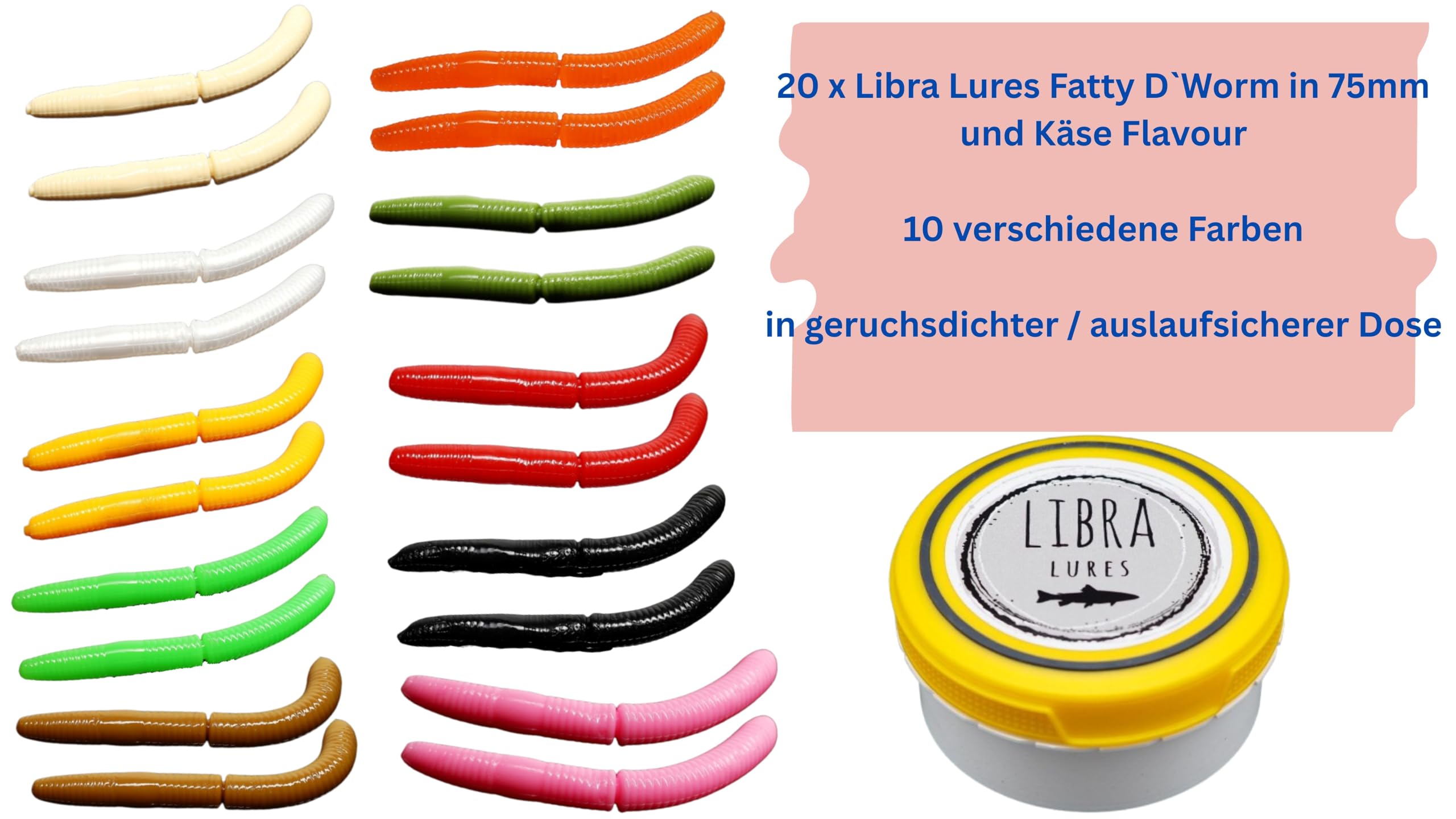 Libra Lures Fatty D Worm 75mm Starter-Set –20 x Forellenköder Softbaits in 10 Farben mit Käse-Aroma – Gummiköder Set + dichte Dose – Ideal zum Forellenangeln