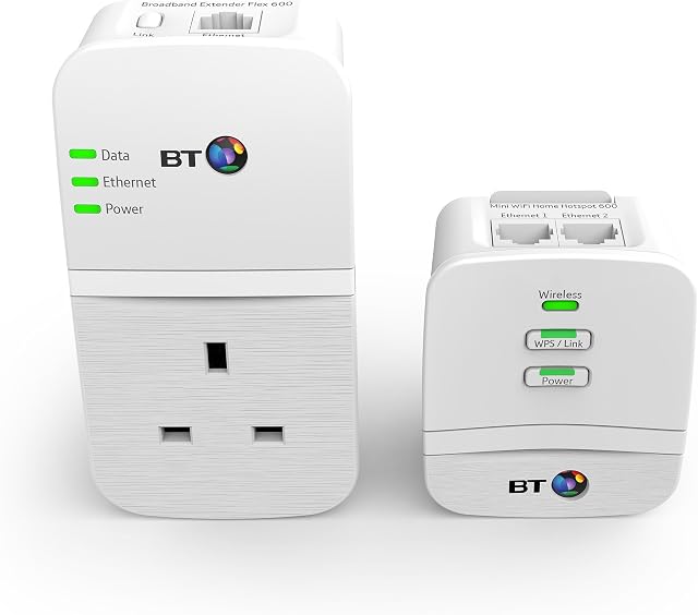 BT Broadband Extender Powerline Adapter Wi-Fi Home Hotspot Flex 600 Kit, wired AV600, N150 Wi-Fi, pass-through socket
