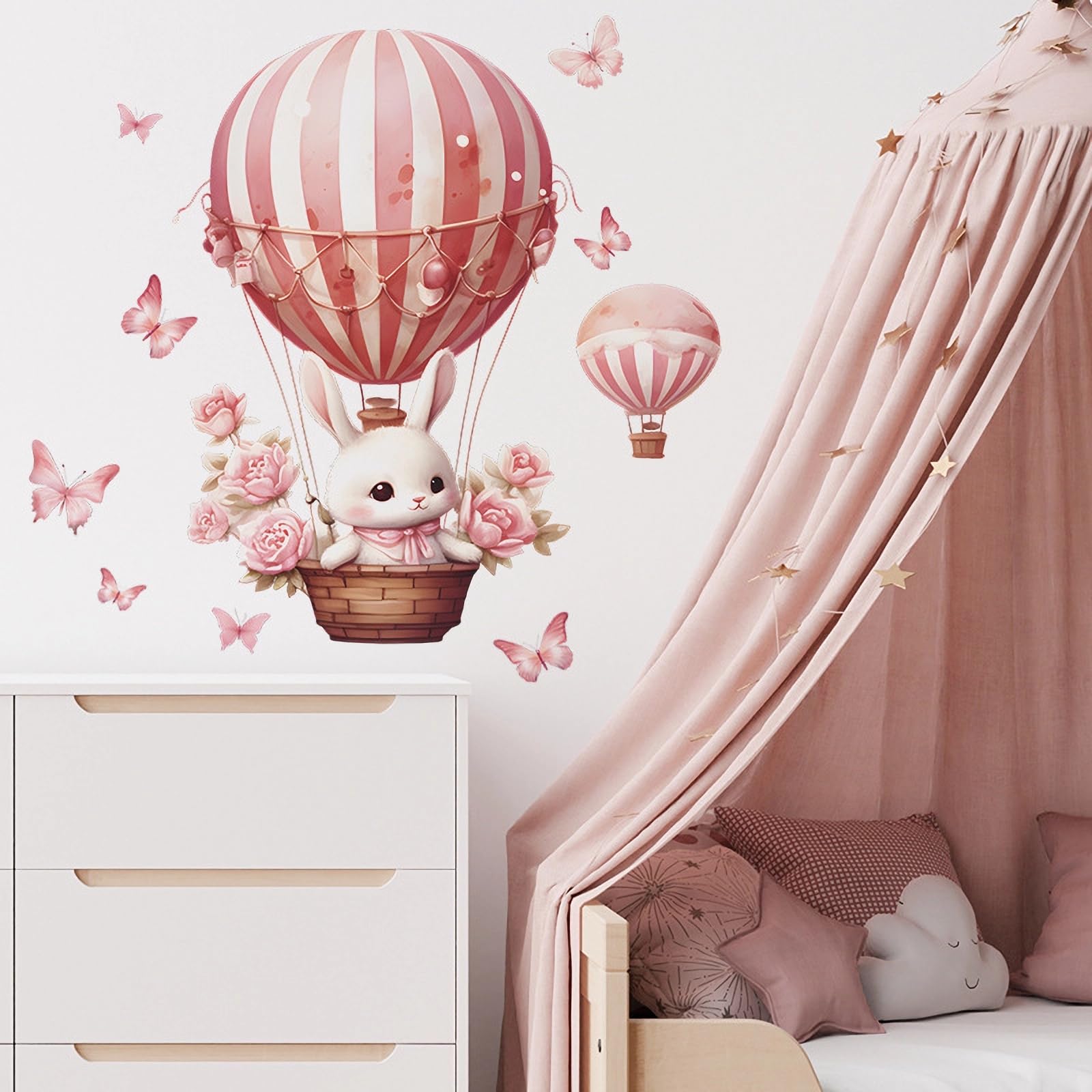 Calcomanías de pared con diseño de conejo rosa, mariposa, rosa, globo aerostático, calcomanías de pared de vinilo extraíbles para niños, bebés, niñas, guardería, sala de estar, dormitorio,
