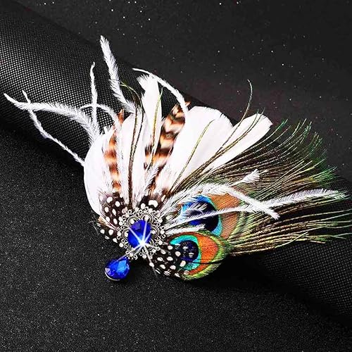 Miniatura 2 de Tocado de plumas de los años 20 con clip de plumas de pavo real, diadema de plumas de diamantes de imitación, accesorios para la cabeza de cóctel